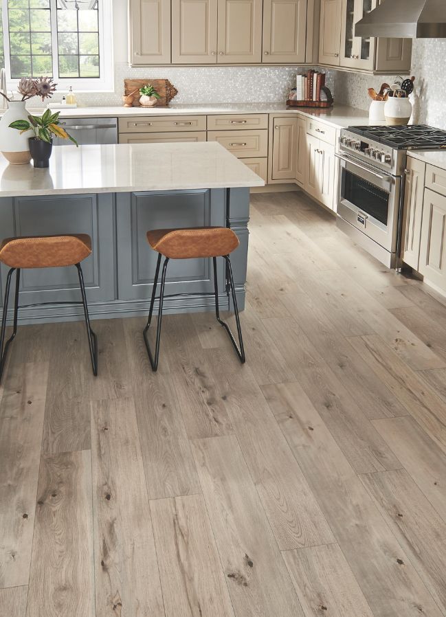 wood look laminate flooring in a bright kitchen